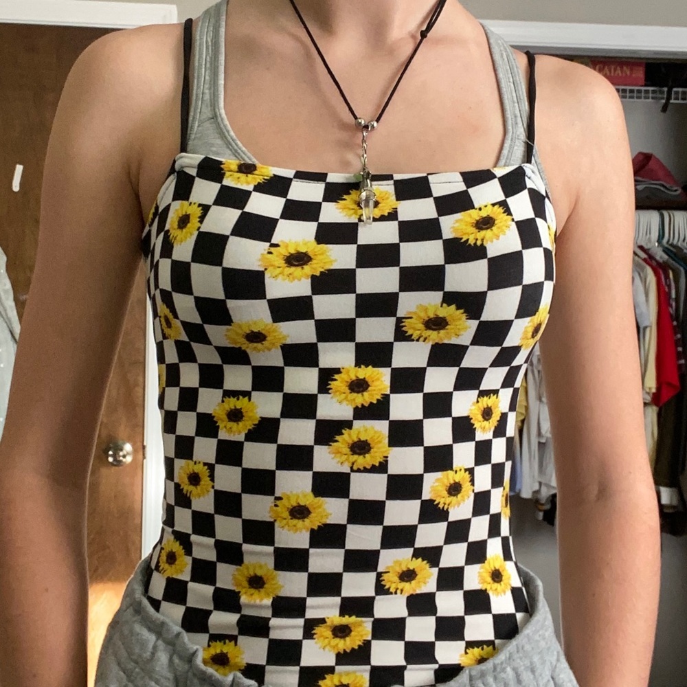 Checkered B&W Bodysuit w/ Yellow Flowers